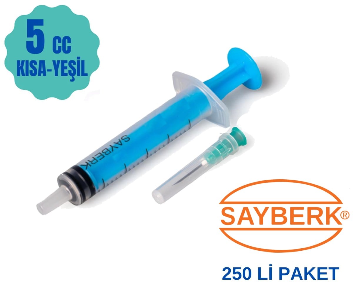 Sayberk 5 CC 3 Parça (Contalı) Kısa ve Yeşil Uçlu  Enjektörü 250'li Paket