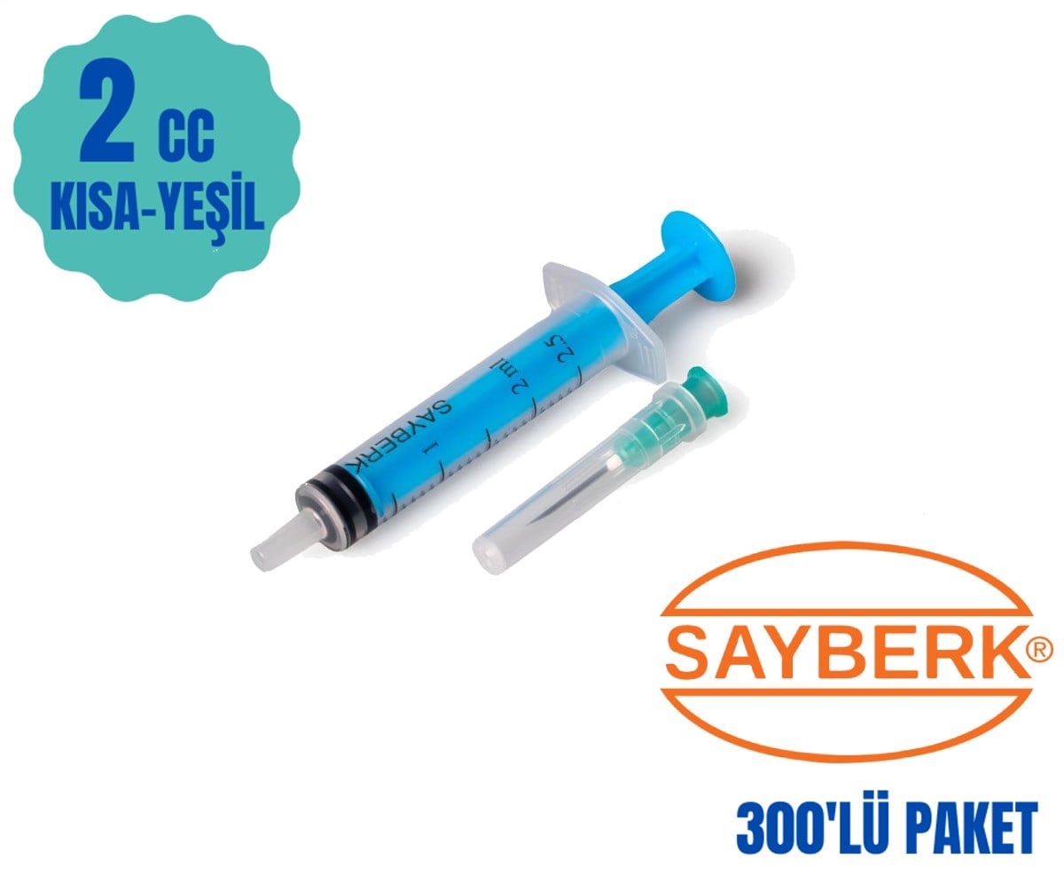 Sayberk 2 CC 3 Parça (Contalı) Kısa ve Yeşil Uçlu Enjektörü 300'lü Paket